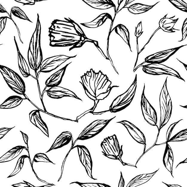 Fondo blanco y negro de patrón floral vectorial sin costuras para tela y papel tapiz