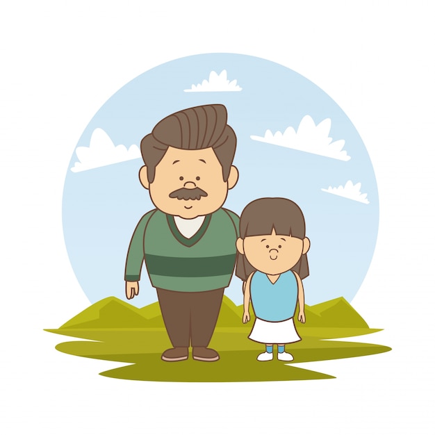 Vector fondo blanco con paisaje de silueta de color con barba padre y niña