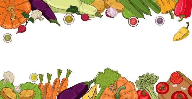 Fondo blanco panorámico conjunto de vegetales ecológicos Vector