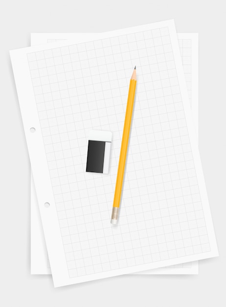 Fondo blanco de papel de dibujo con lápiz y borrador.