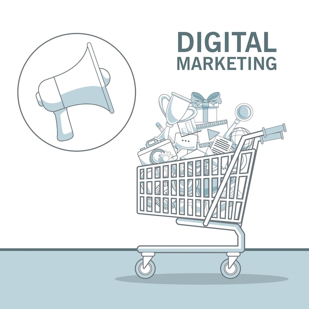 Fondo blanco con secciones de color de marketing digital de carro de compras