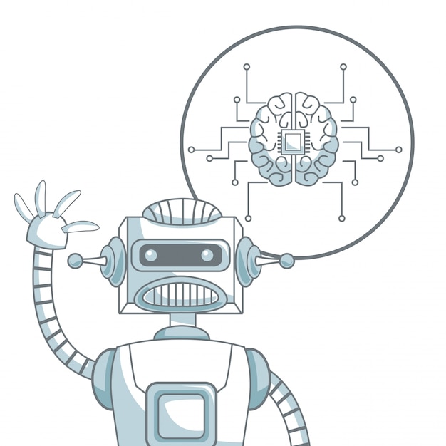 Vector fondo blanco con secciones de color de silueta sombreado de primer robot e icono cerebro con circuitos