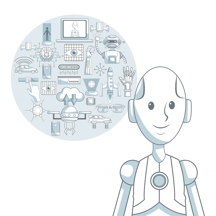 Vector fondo blanco con secciones de color de silueta sombreado de robot de primer plano y elementos futuristas en marco circular