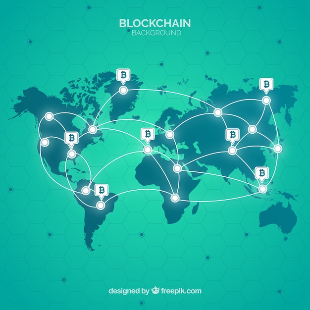 Vector fondo de blockchain con mapa del mundo