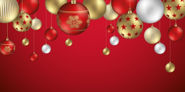 Fondo de bolas de Navidad con adornos festivos de copos y estrellas