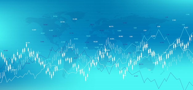 Fondo de la bolsa de valores de Forex. Plantilla de banner web financiero para gráfico de comercio de Forex. Indicadores de compraventa de divisas sobre fondo blanco, ilustración vectorial.