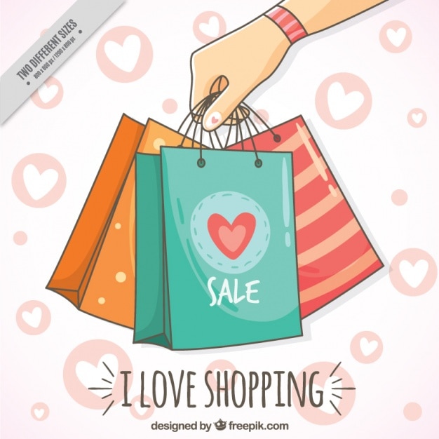 Vector fondo bonito con bolsas de la compra y corazones