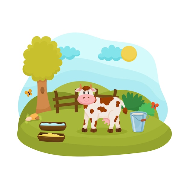 Fondo con bonitos animales de la granja de vacas ilustración vectorial de dibujos animados escenas rurales y ganaderas