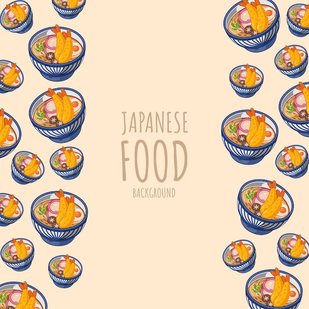 Fondo de borde de marco de comida japonesa de udon de dibujos animados