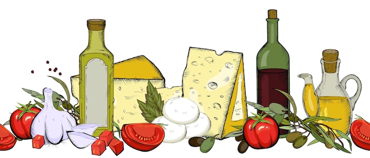 Vector fondo de borde transparente con productos de vector de comida italiana y mediterránea