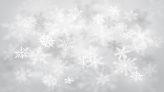 Fondo borroso de Navidad de copos de nieve cayendo grandes y pequeños desenfocados complejos en colores blanco y gris con efecto bokeh