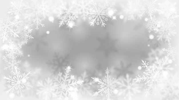 Fondo borroso de Navidad con marco de copos de nieve grandes y pequeños desenfocados complejos en colores blanco y gris con efecto bokeh
