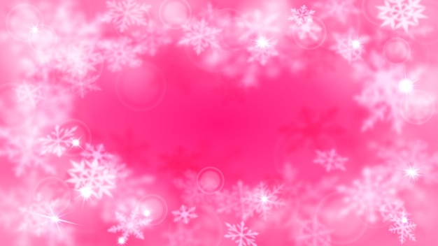Vector fondo borroso de navidad con marco de copos de nieve grandes y pequeños desenfocados complejos en colores rosas con efecto bokeh