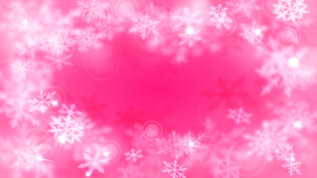 Fondo borroso de navidad con marco de copos de nieve grandes y pequeños desenfocados complejos en colores rosas con efecto bokeh