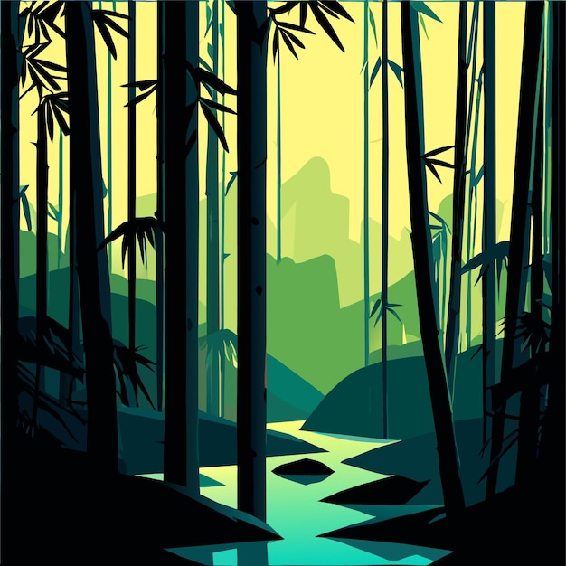 Fondo de bosque de bambú con ilustración vectorial del río