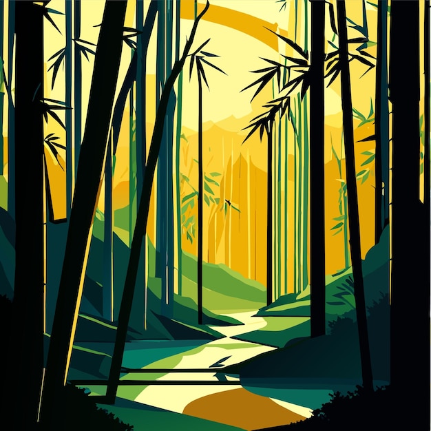 Vector fondo de bosque de bambú con ilustración vectorial del río