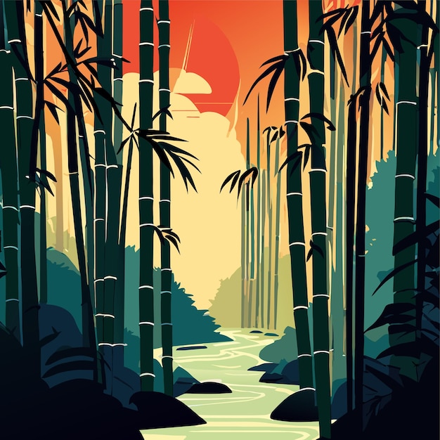 Fondo de bosque de bambú con ilustración vectorial del río