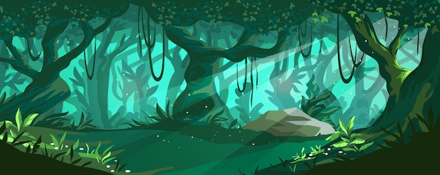 Fondo de bosque de dibujos animados madera mágica con árboles verdes altos arbustos y rayos de sol panorama de bosque escénico naturaleza salvaje ramas de plantas con lianas paisaje de fantasía papel de pared de cuento de hadas vectorial