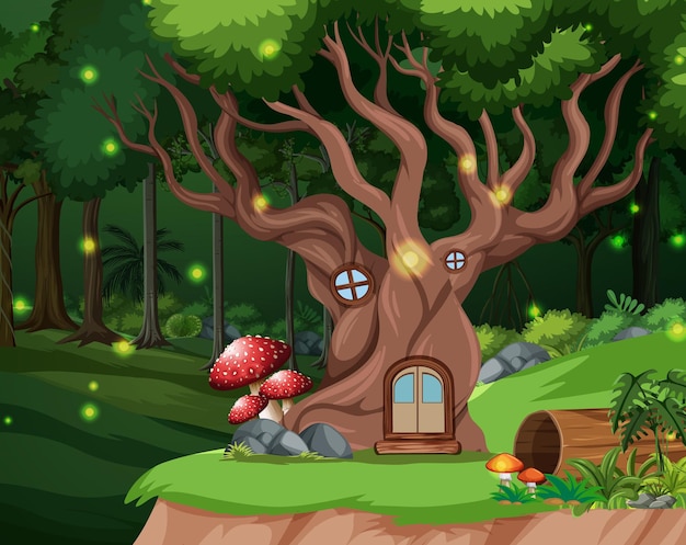 Fondo de bosque encantado con casa en el árbol