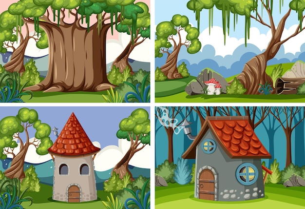 Fondo de bosque de fantasía Ilustración de dibujos animados vectoriales