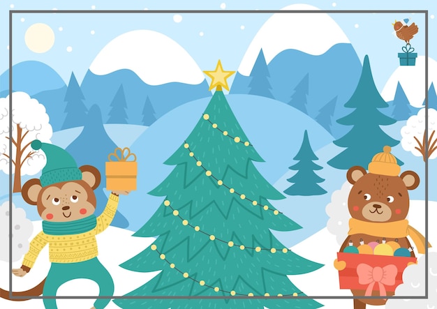 Fondo de bosque de invierno de vector con animales lindos nieve de abeto tarjeta de navidad de bosque divertido o cubierta de patán con mono de oso presenta ilustración horizontal plana de año nuevo para niñosxa