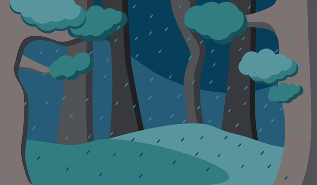 Vector fondo de bosque lluvioso para niños libro árboles y prado paisaje de matorrales con clima tormentoso