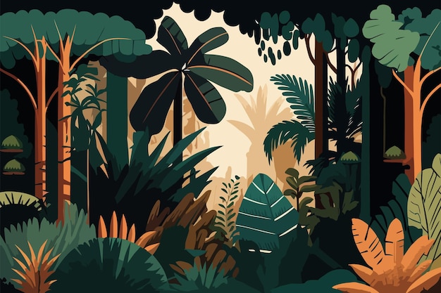 Fondo de bosque tropical Ilustración vectorial en estilo de dibujos animados planos
