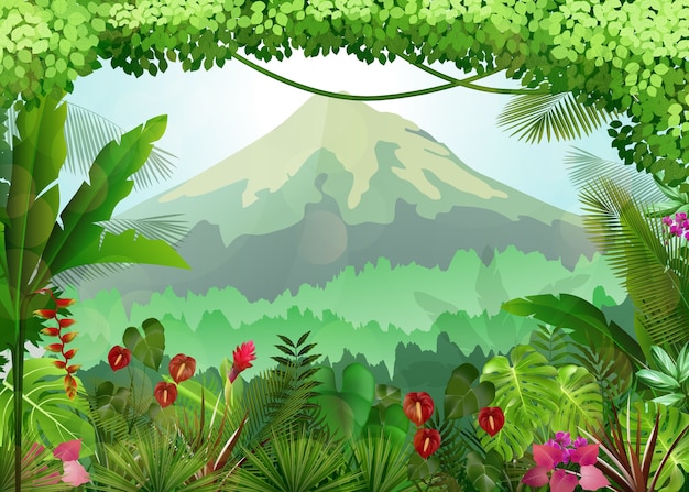 Vector fondo de bosque tropical con paisaje de montaña