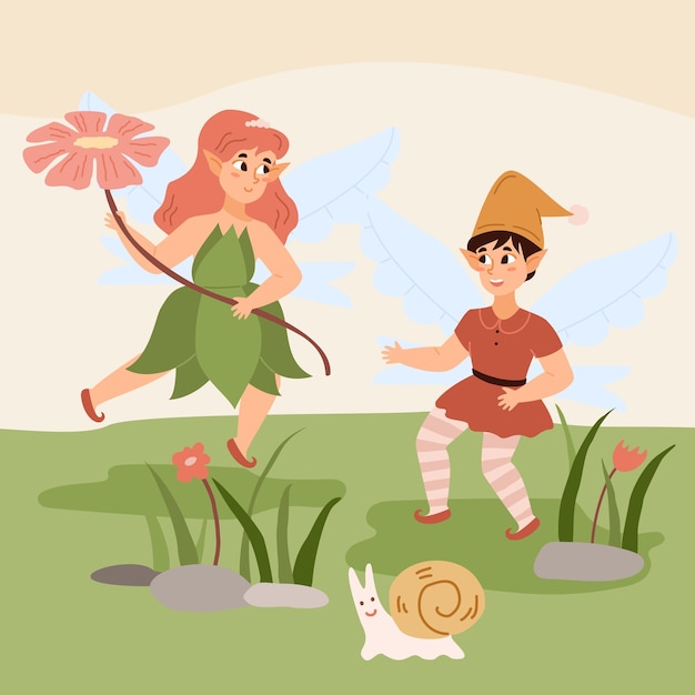 Fondo de bosque de verano de fantasía con duendecillos o elfos ilustración vectorial plana