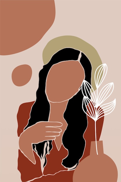 Fondo de botánica boho abstracto con una ilustración de una chica