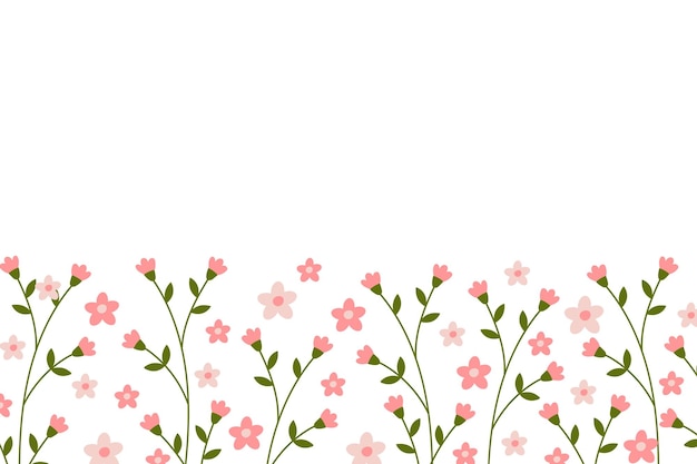 Fondo botánico horizontal con un borde de delicadas flores rosadas en flor