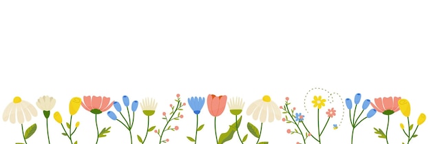 Fondo botánico horizontal con un conjunto de flores de primavera y verano Ilustración vectorial plana floral