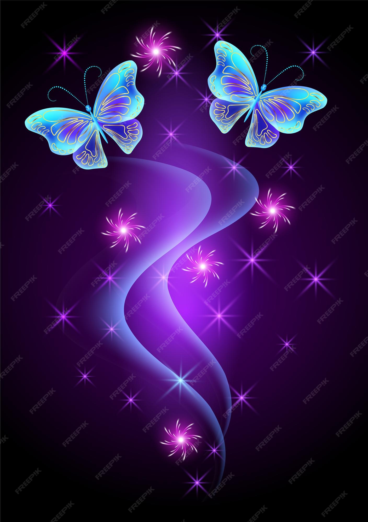 Fondo brillante con mariposas de neón y humo con estrellas brillantes |  Vector Premium