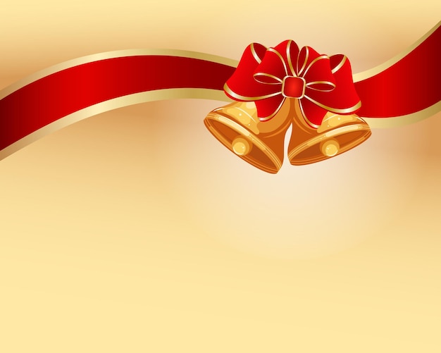 Fondo brillante de Navidad con una campana, un lazo rojo y una cinta con un borde dorado. imprimir, cartel
