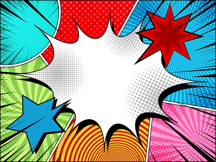 Fondo brillante de la página de cómic con bocadillo de diálogo en blanco, nubes de colores, rayos negros explosivos y diferentes efectos de humor