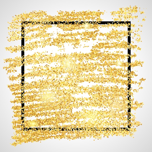 Fondo brillante de pintura dorada con marco cuadrado negro sobre un fondo blanco. Fondo con destellos dorados y efecto brillo. Espacio vacío para su texto. Ilustración vectorial
