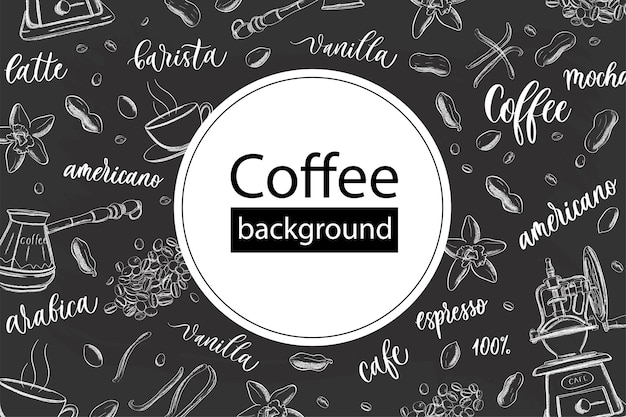 Fondo de café en estilo de garabato dibujado a mano de contorno vintage con diferentes objetos sobre el tema del café