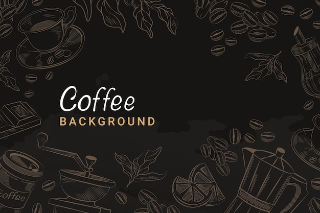 Fondo de café oscuro con ilustraciones dibujadas a mano en un círculo