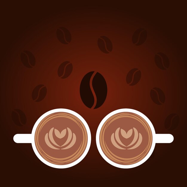 Fondo de café oscuro con tapa blanca granos de café al vapor el dibujo en la espuma