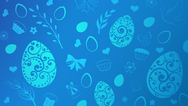 Fondo de caja de regalo de pastel de flores de huevos y otros símbolos de pascua en colores azul claro