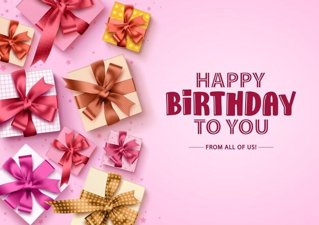 Fondo de cajas de regalo de feliz cumpleaños Tarjeta de felicitación de cumpleaños con coloridas cajas de regalos y cinta
