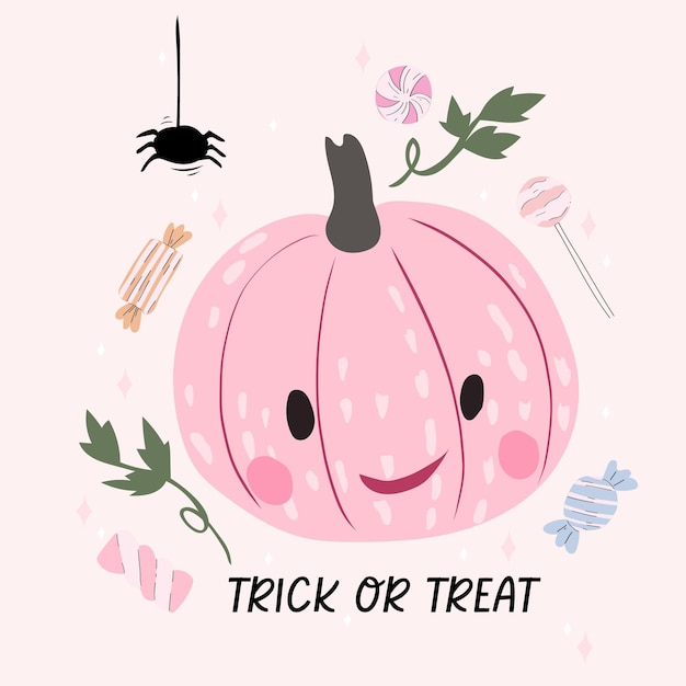 Fondo de calabaza, araña y dulces. ilustración vectorial de Halloween.