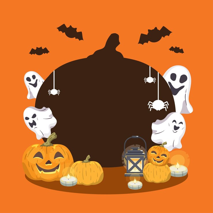 un fondo con calabazas de Halloween y fantasmas en él