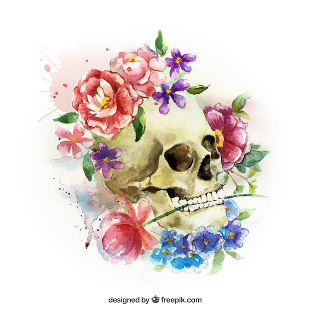 Fondo de calavera de acuarela con flores