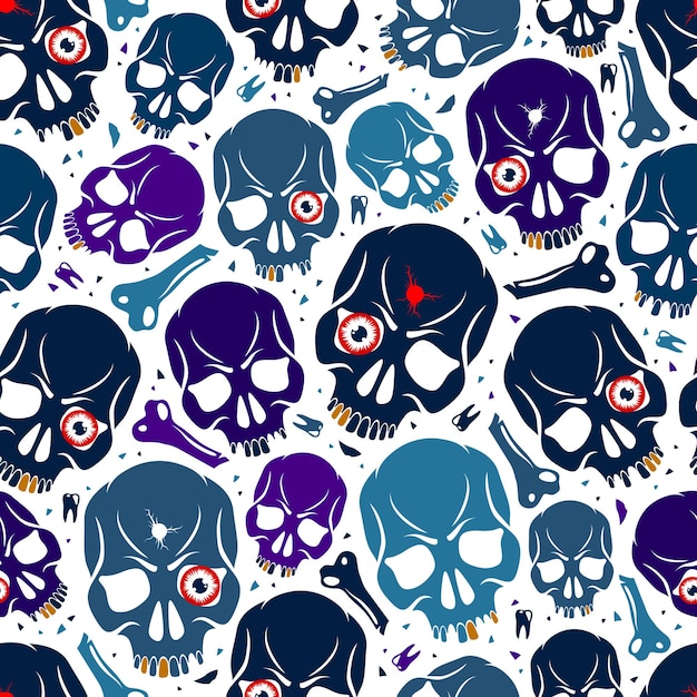 Fondo de calaveras sin costuras, patrón de vector con sculls locos, tema de terror y muerte, subcultura de hard rock y rock n roll imprime textiles, peligro y peligro.