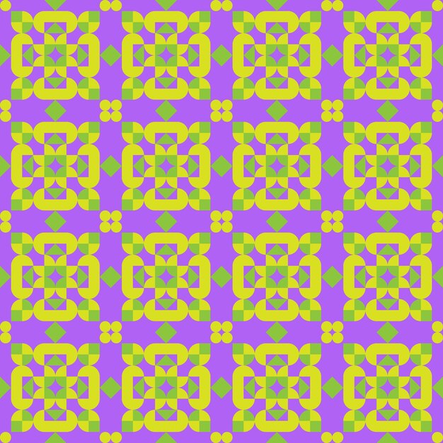 Fondo de calidoscopio sin costuras. Patrón textil de mosaico vectorial. Diseño amarillo morado y verde.