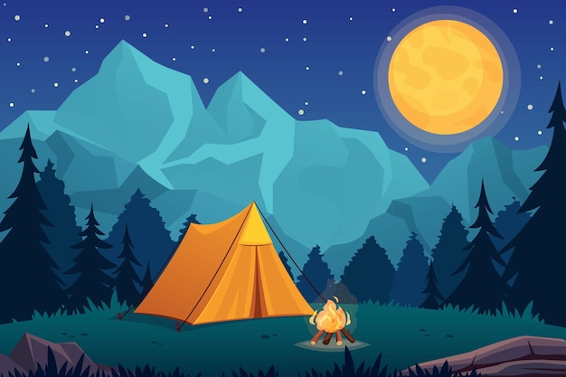 Fondo de campamento dibujado plano campamento de verano ilustración de campamento bosque senderismo vector de paisaje