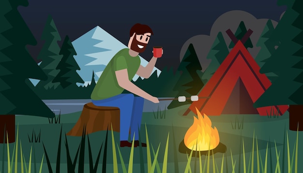 fondo de campamento nocturno personaje masculino cerca del fuego en el bosque montaña y río verano senderismo expedición turismo vacaciones al aire libre paisaje fondo de dibujos animados vectorial