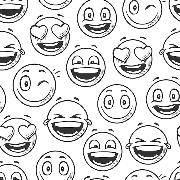 Fondo de caras sonrientes positivas, emoticonos bosquejo línea vector de patrones sin fisuras