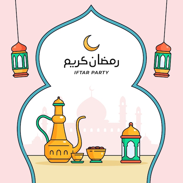 Fondo de cartel de fiesta de ramadán iftar con diseño de dibujos animados de estilo de esquema de ilustración de vector de bebida de comida tradicional oriental árabe